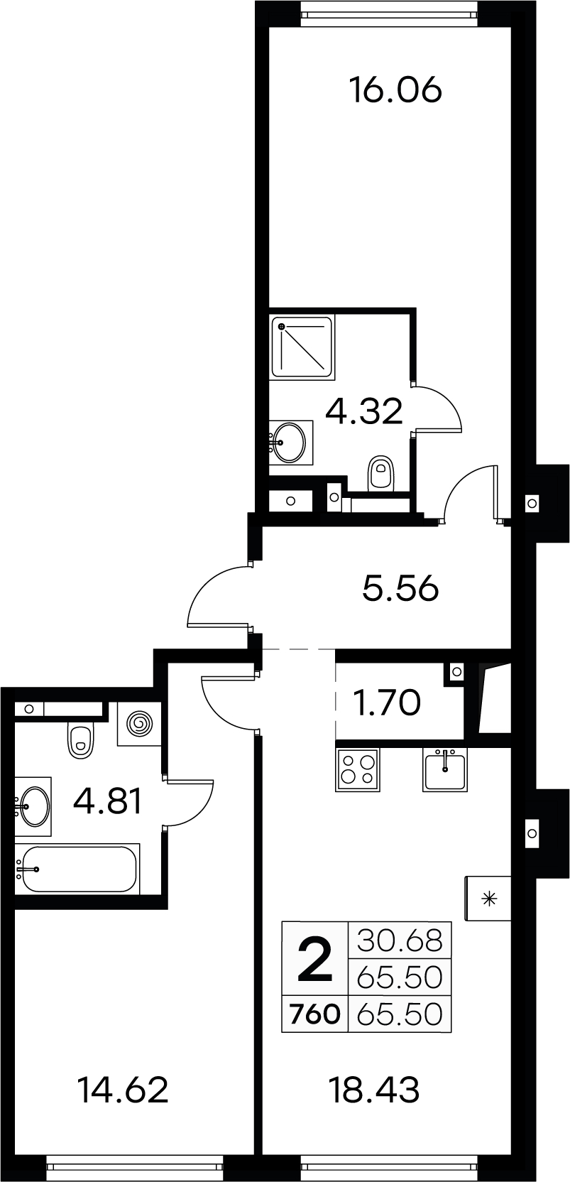 2-комнатная квартира 65.5 м², 2/7 эт., ЖК «GloraX Aura Vasileostrovsky»